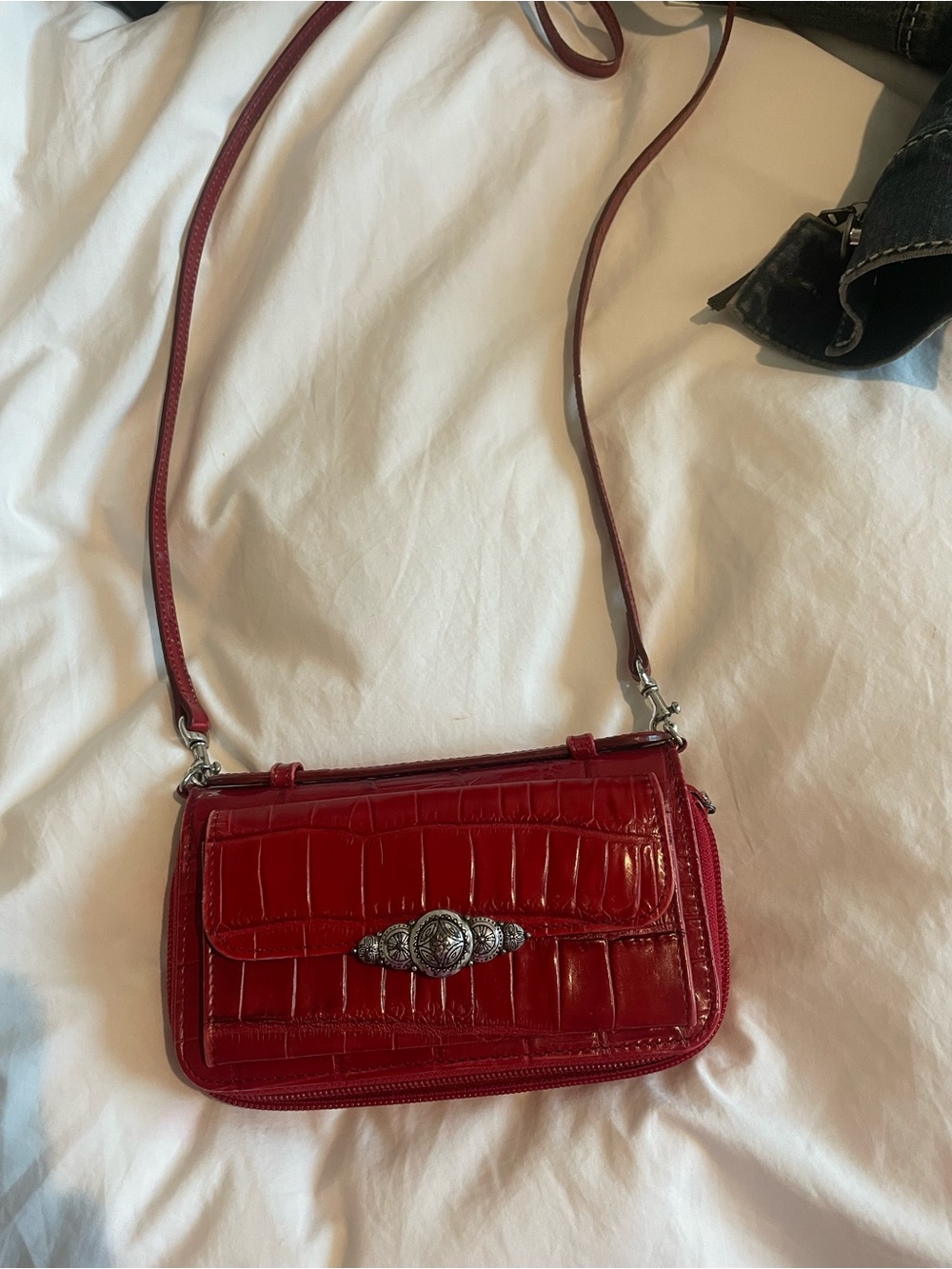 Brighton Red Croc-Embossed Leather Crossbody with Silver Decorative Clasp